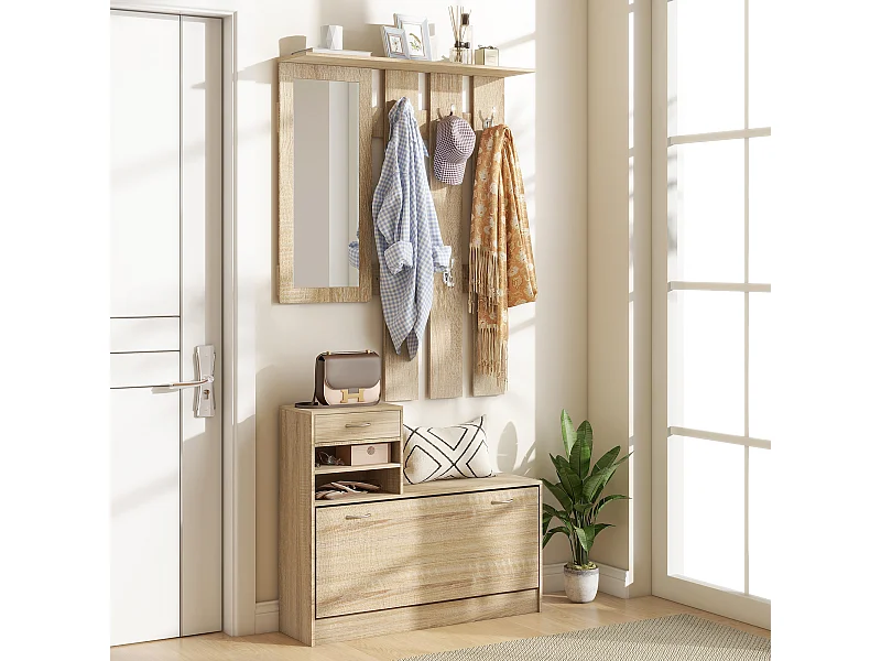 Mobile appendiabiti con scarpiera e specchio in legno color quercia