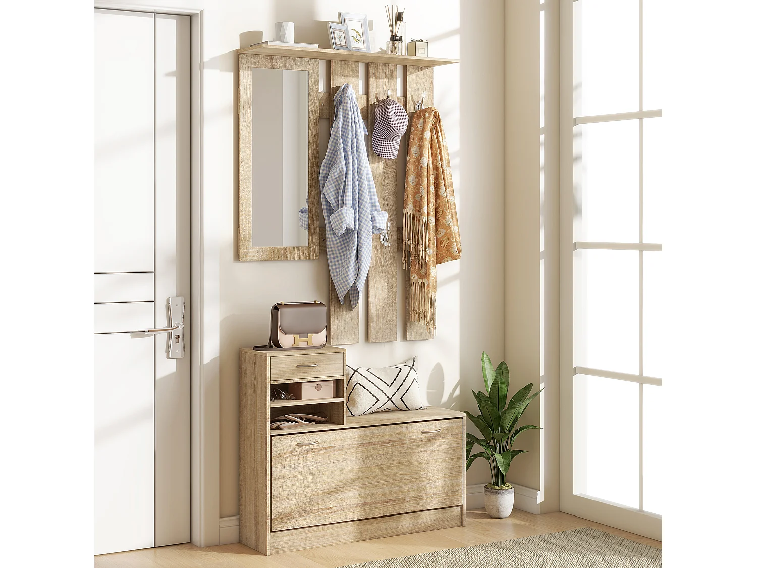 Mobile appendiabiti con scarpiera e specchio in legno color quercia