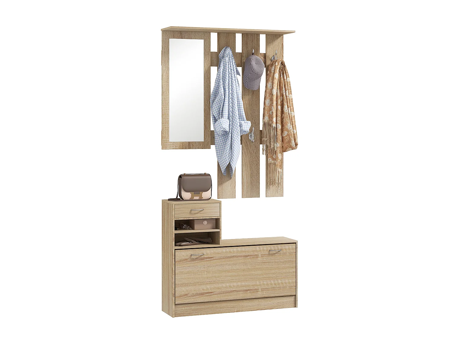 Mobile appendiabiti con scarpiera e specchio in legno color quercia