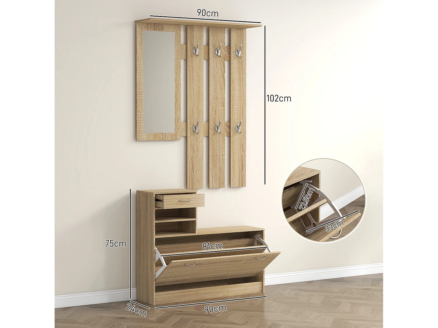 Mobile appendiabiti con scarpiera e specchio in legno color quercia