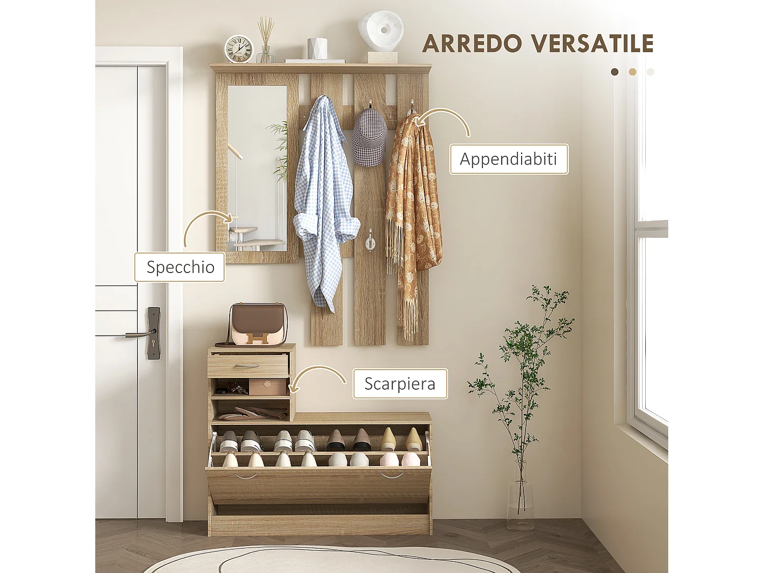 Mobile appendiabiti con scarpiera e specchio in legno color quercia