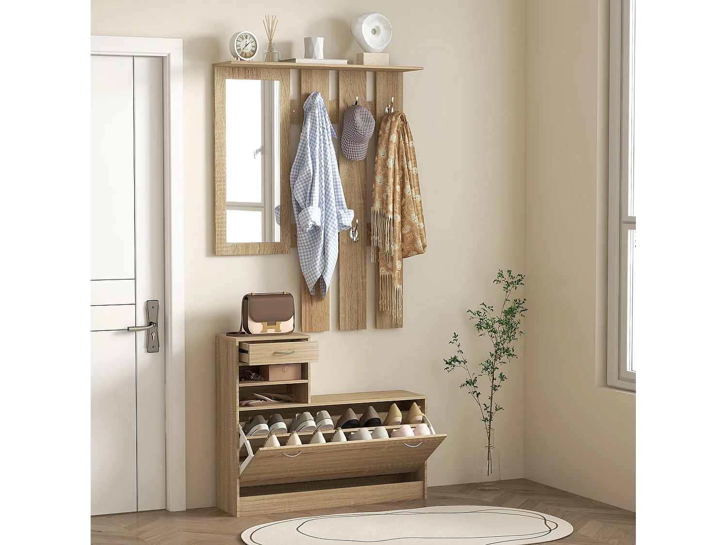 Mobile appendiabiti con scarpiera e specchio in legno color quercia