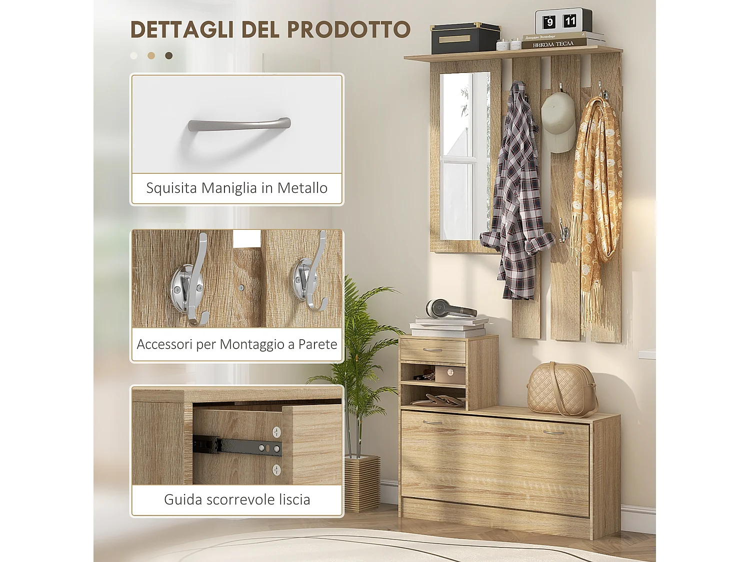 Mobile appendiabiti con scarpiera e specchio in legno color quercia