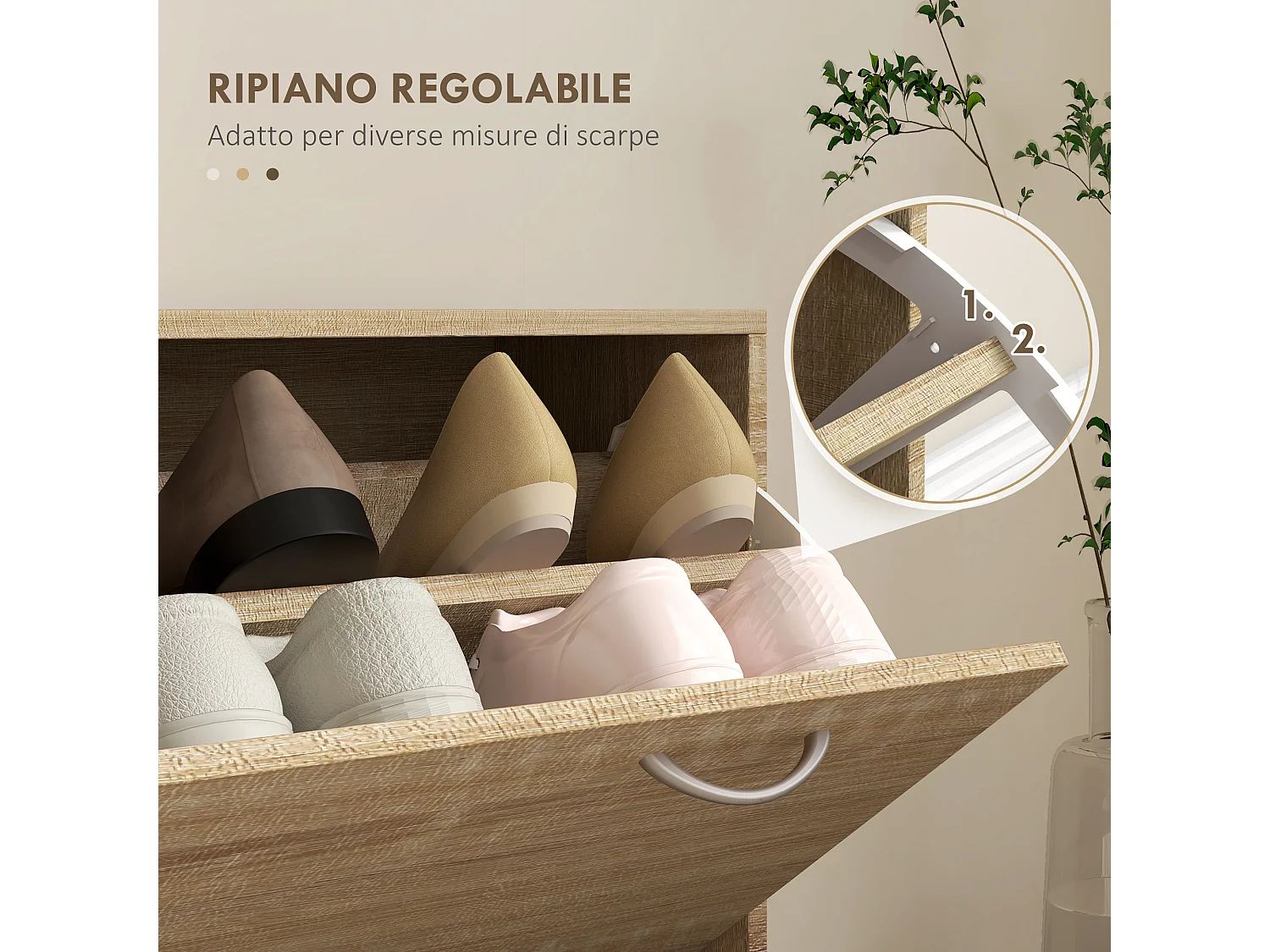 Mobile appendiabiti con scarpiera e specchio in legno color quercia