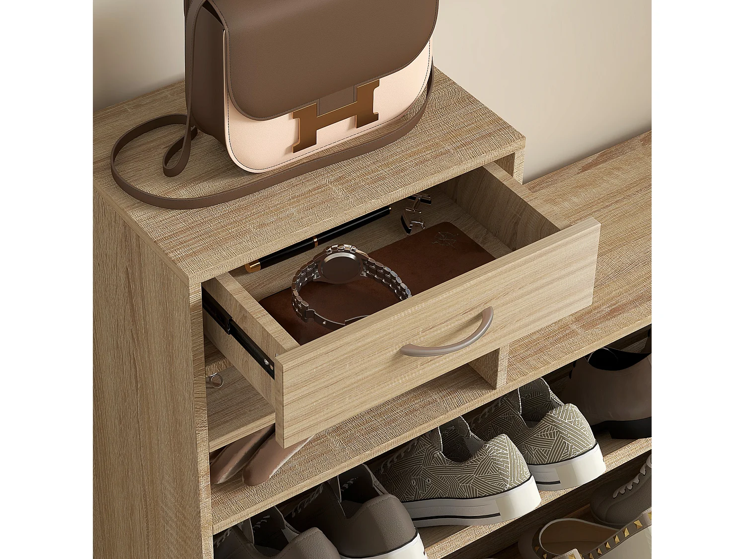 Mobile appendiabiti con scarpiera e specchio in legno color quercia