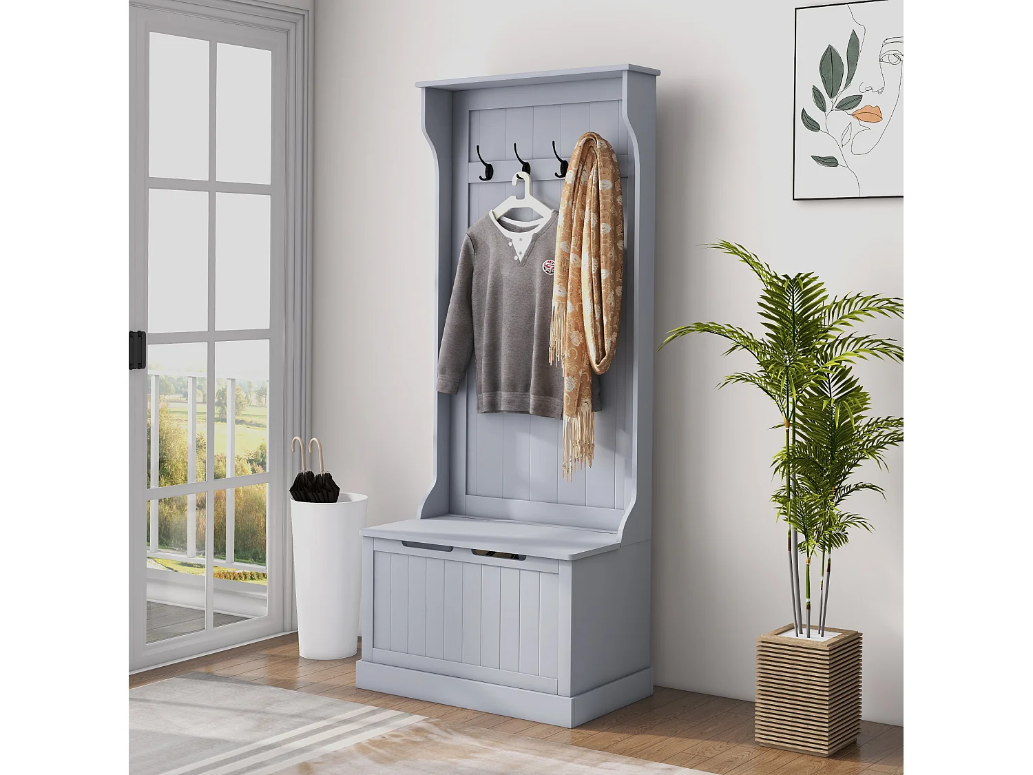 Mobile appendiabiti con 4 ganci e panca contenitore in legno grigio