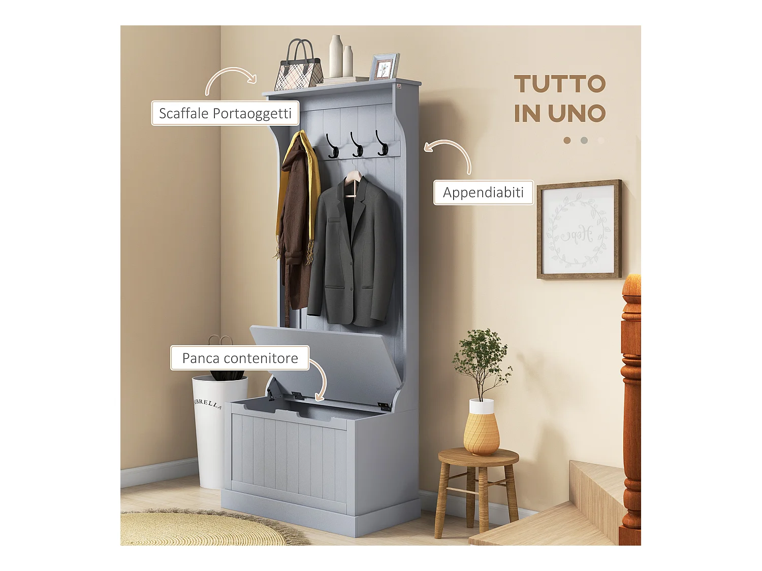 Mobile appendiabiti con 4 ganci e panca contenitore in legno grigio