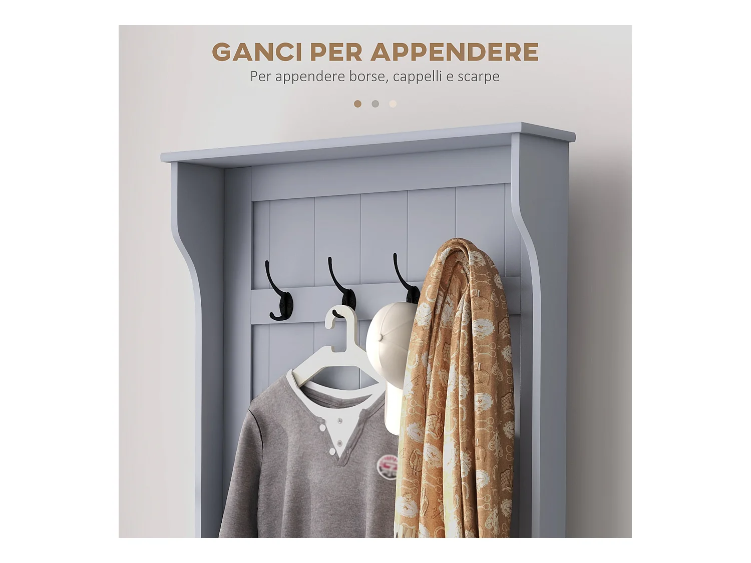 Mobile appendiabiti con 4 ganci e panca contenitore in legno grigio