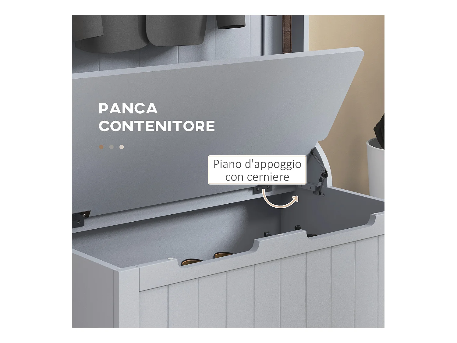 Mobile appendiabiti con 4 ganci e panca contenitore in legno grigio