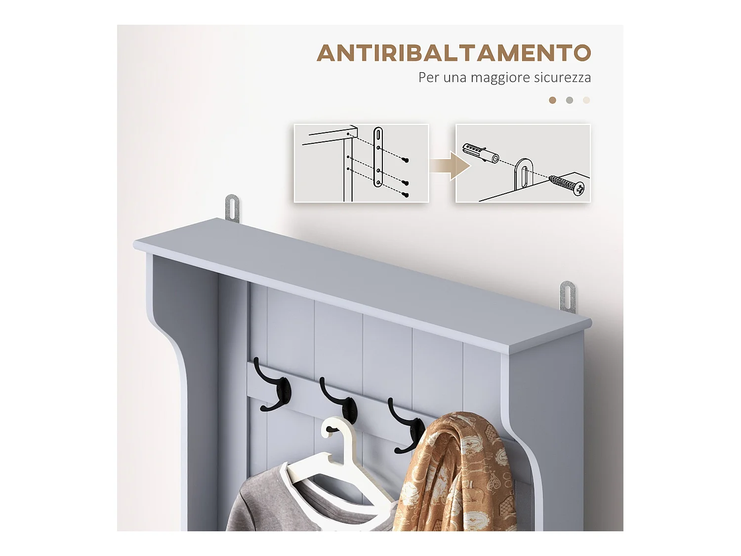 Mobile appendiabiti con 4 ganci e panca contenitore in legno grigio
