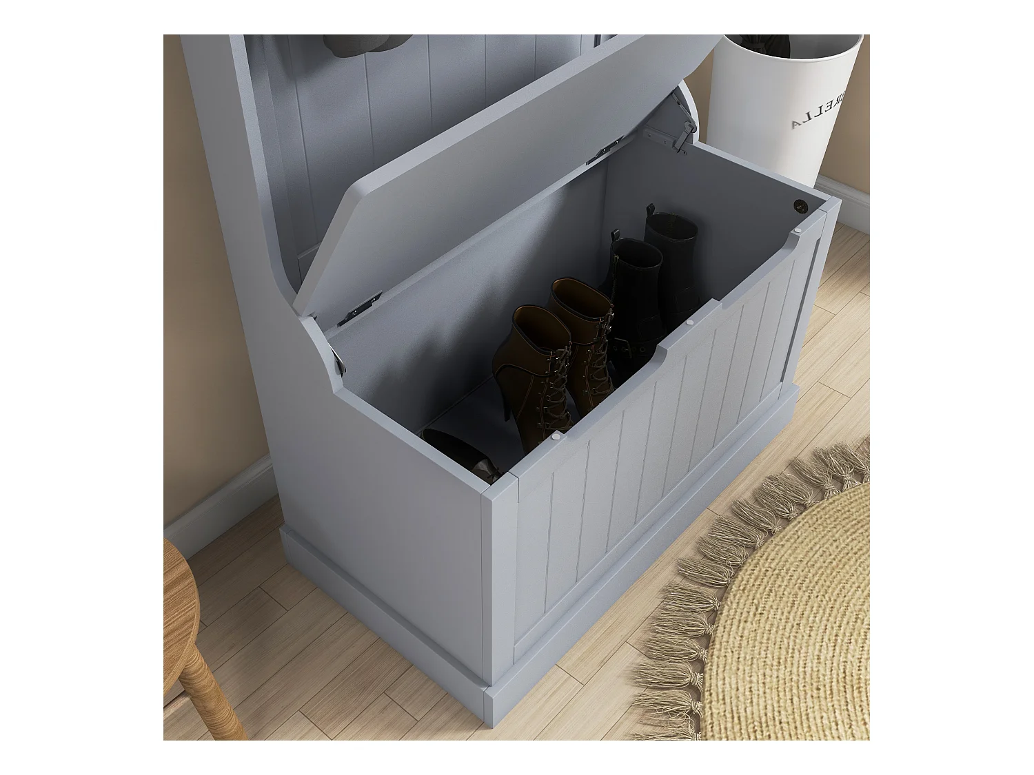 Mobile appendiabiti con 4 ganci e panca contenitore in legno grigio