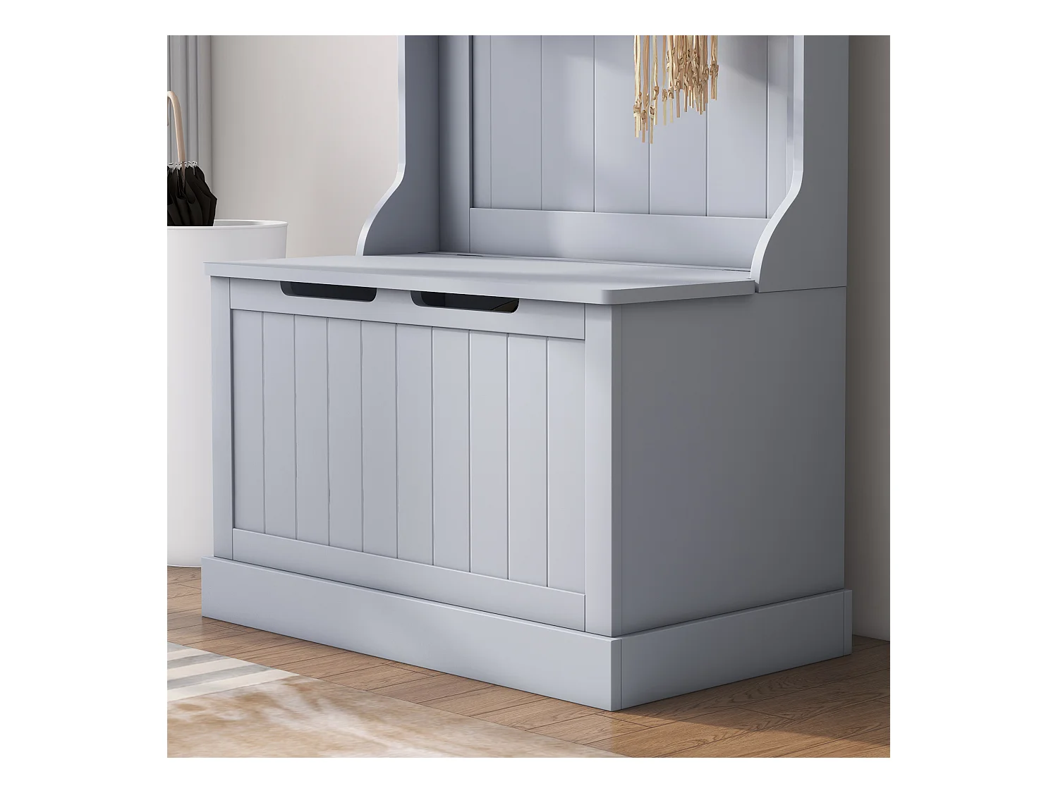 Mobile appendiabiti con 4 ganci e panca contenitore in legno grigio