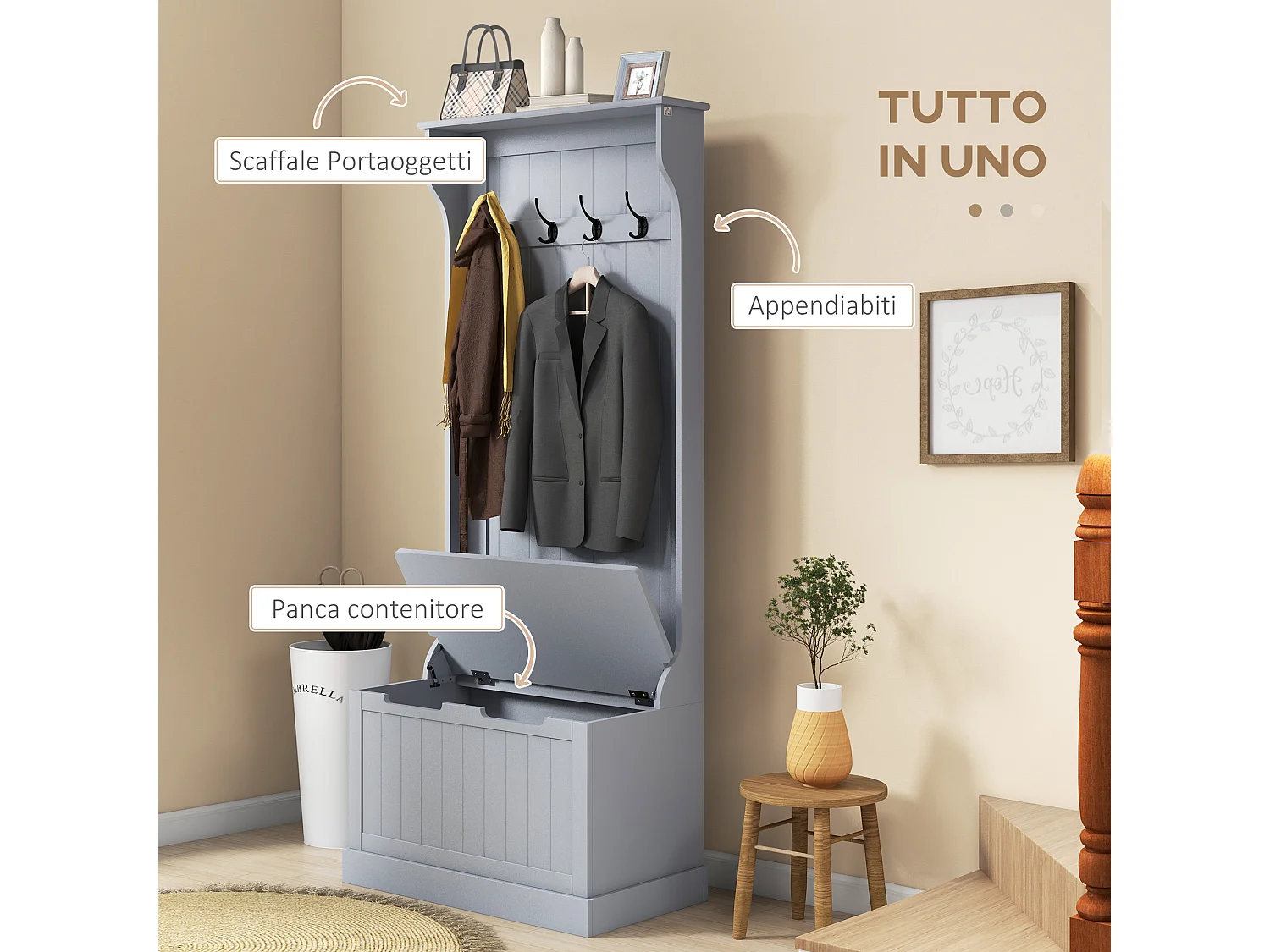 Mobile appendiabiti con 4 ganci e panca contenitore in legno grigio