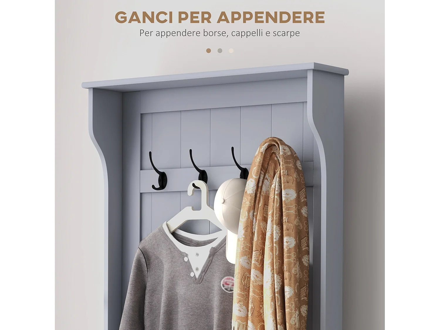 Mobile appendiabiti con 4 ganci e panca contenitore in legno grigio