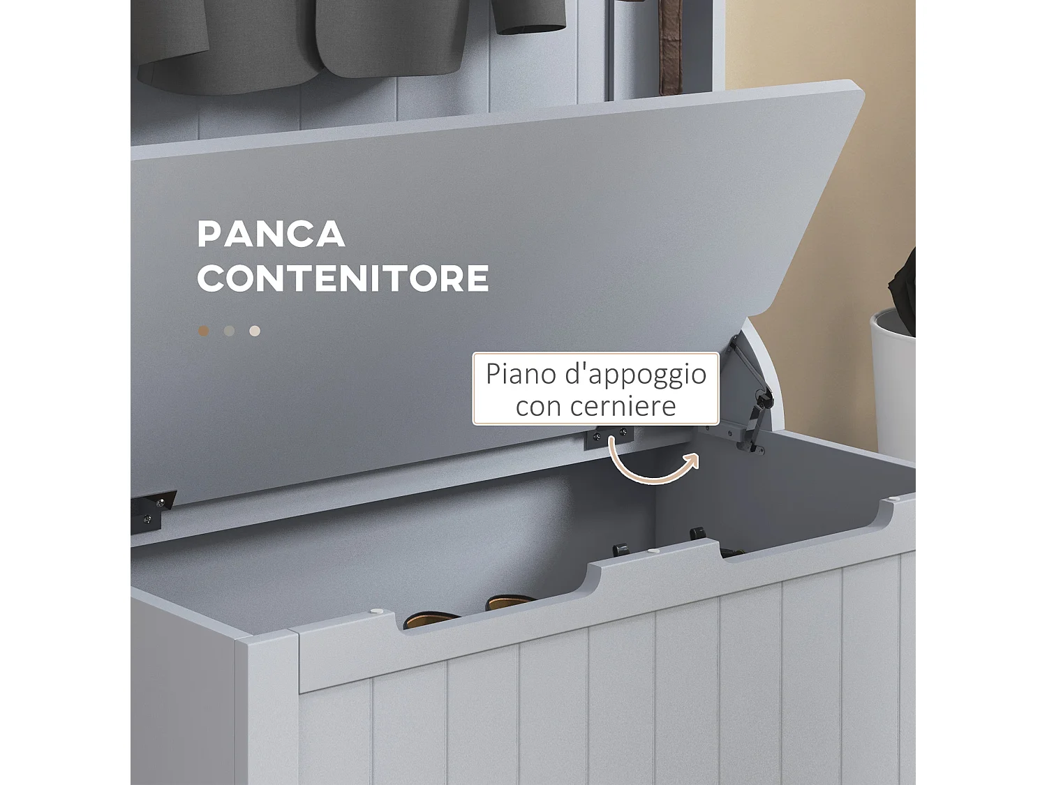 Mobile appendiabiti con 4 ganci e panca contenitore in legno grigio
