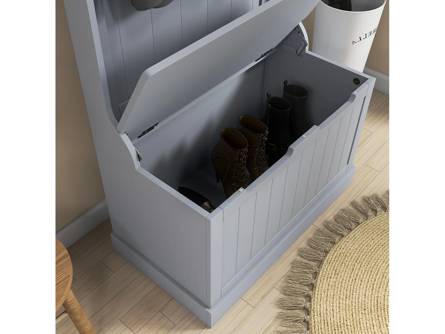 Mobile appendiabiti con 4 ganci e panca contenitore in legno grigio