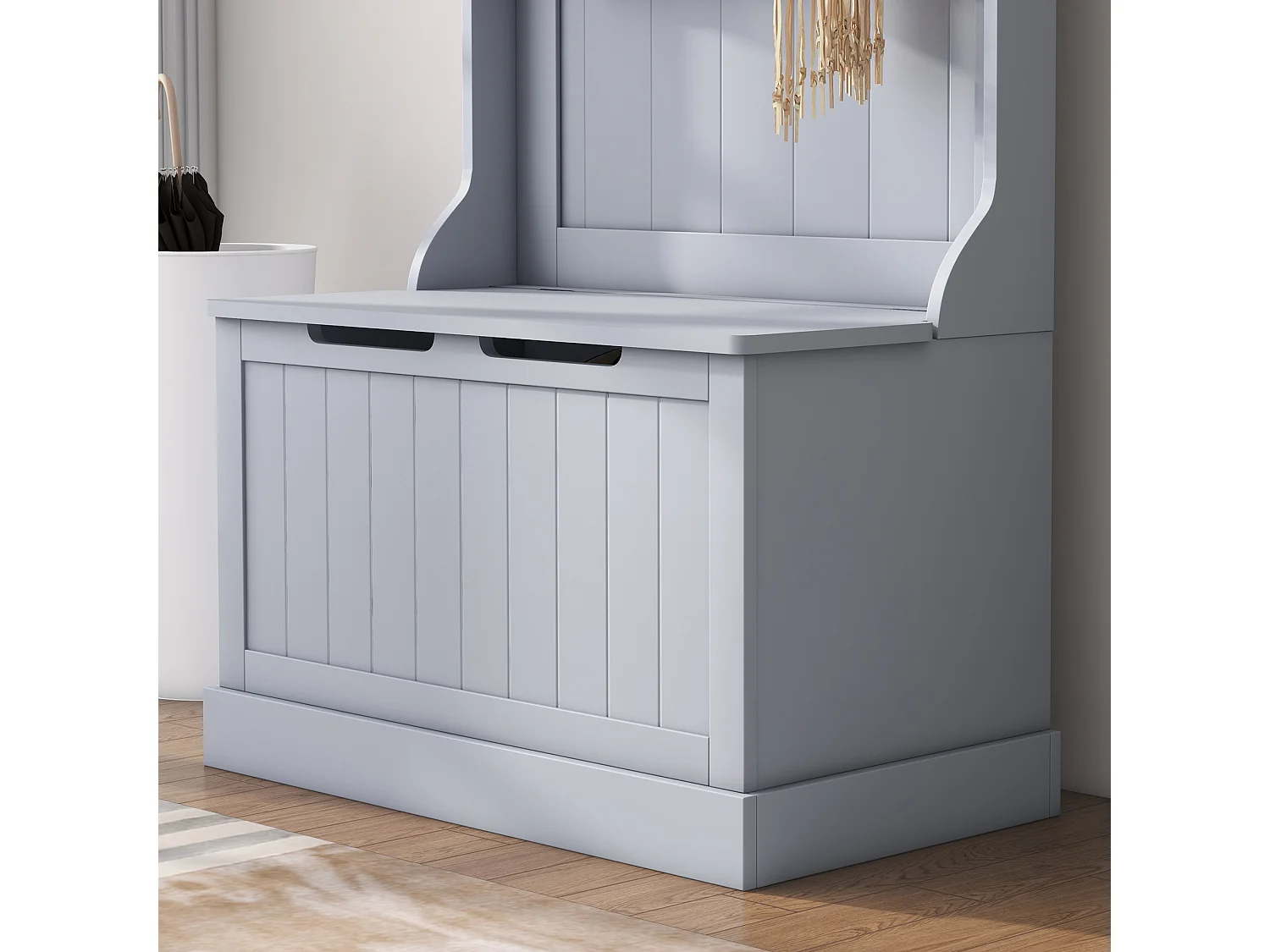 Mobile appendiabiti con 4 ganci e panca contenitore in legno grigio