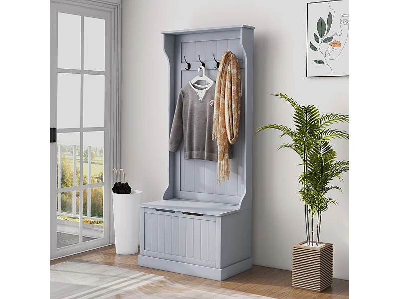 Mobile appendiabiti con 4 ganci e panca contenitore in legno grigio