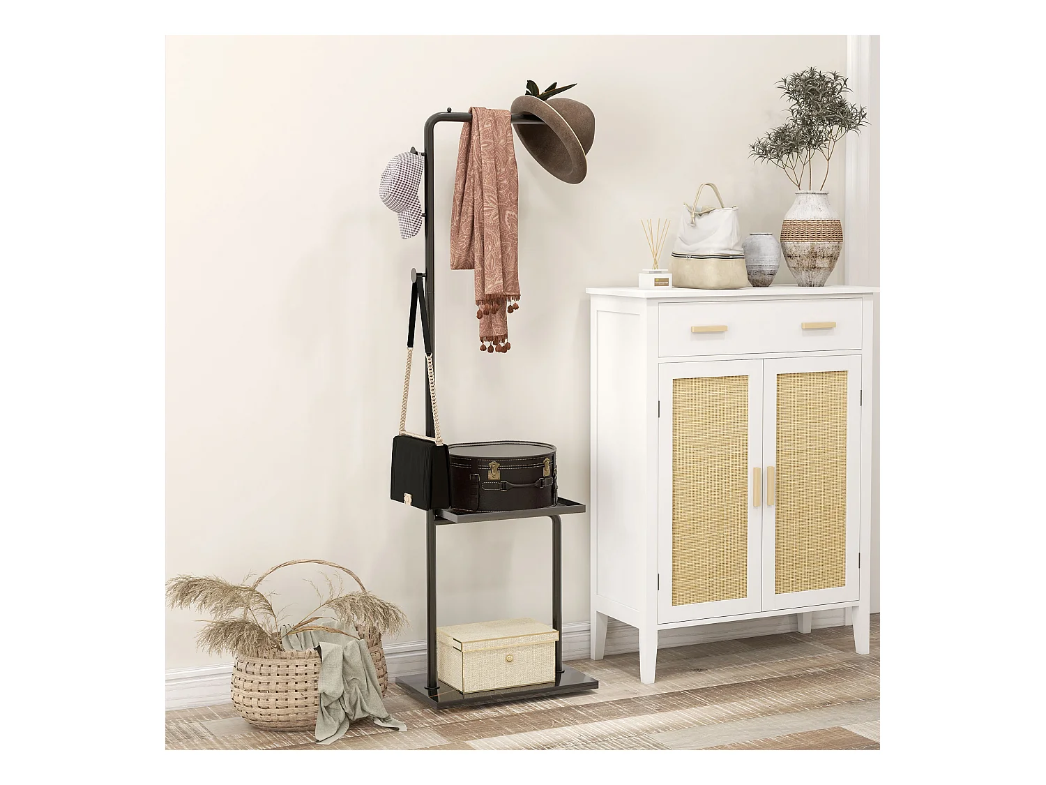 Appendiabiti da terra con 3 ganci barra e ripiano inferiore nero