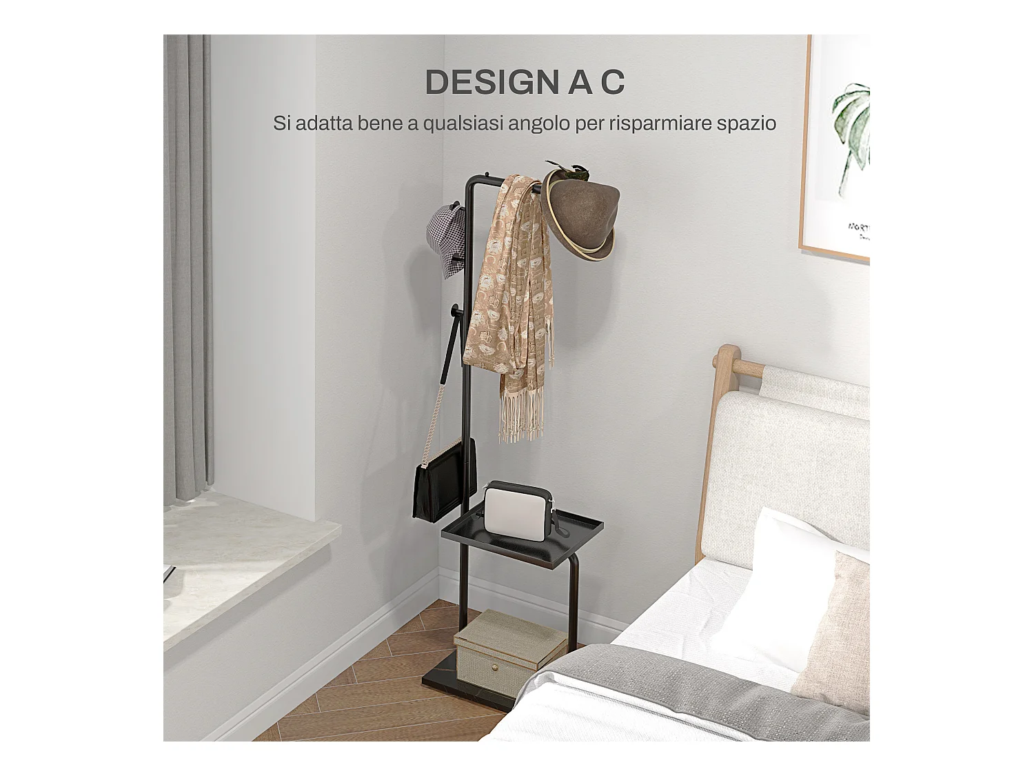 Appendiabiti da terra con 3 ganci barra e ripiano inferiore nero