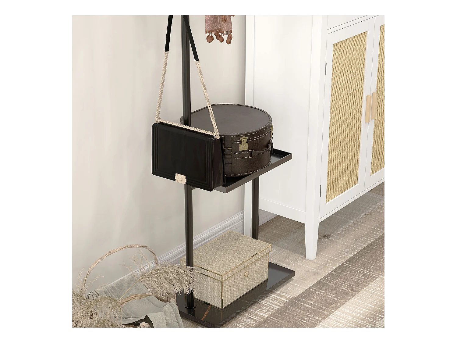 Appendiabiti da terra con 3 ganci barra e ripiano inferiore nero