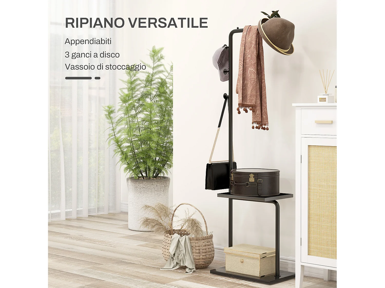 Appendiabiti da terra con 3 ganci barra e ripiano inferiore nero