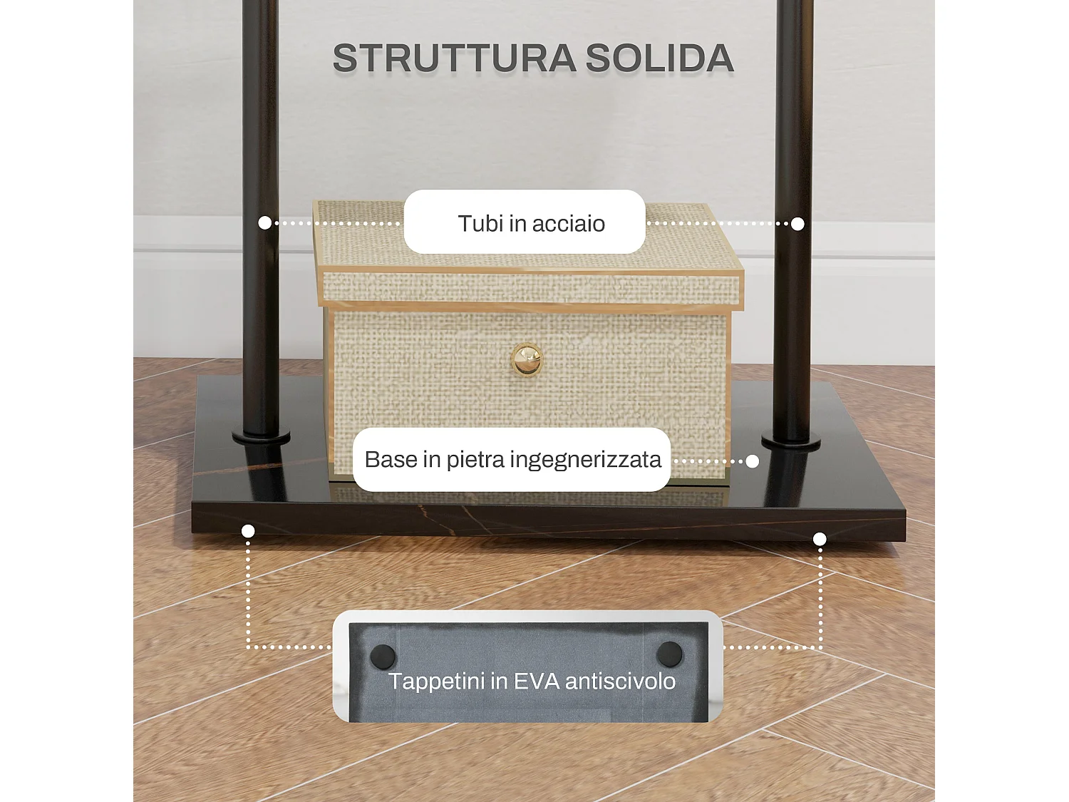 Appendiabiti da terra con 3 ganci barra e ripiano inferiore nero