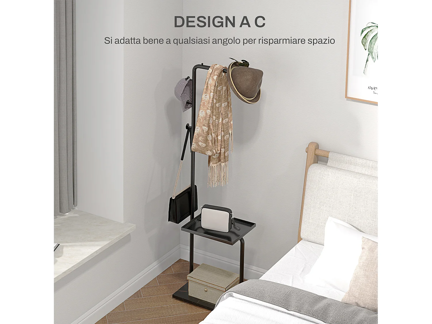 Appendiabiti da terra con 3 ganci barra e ripiano inferiore nero