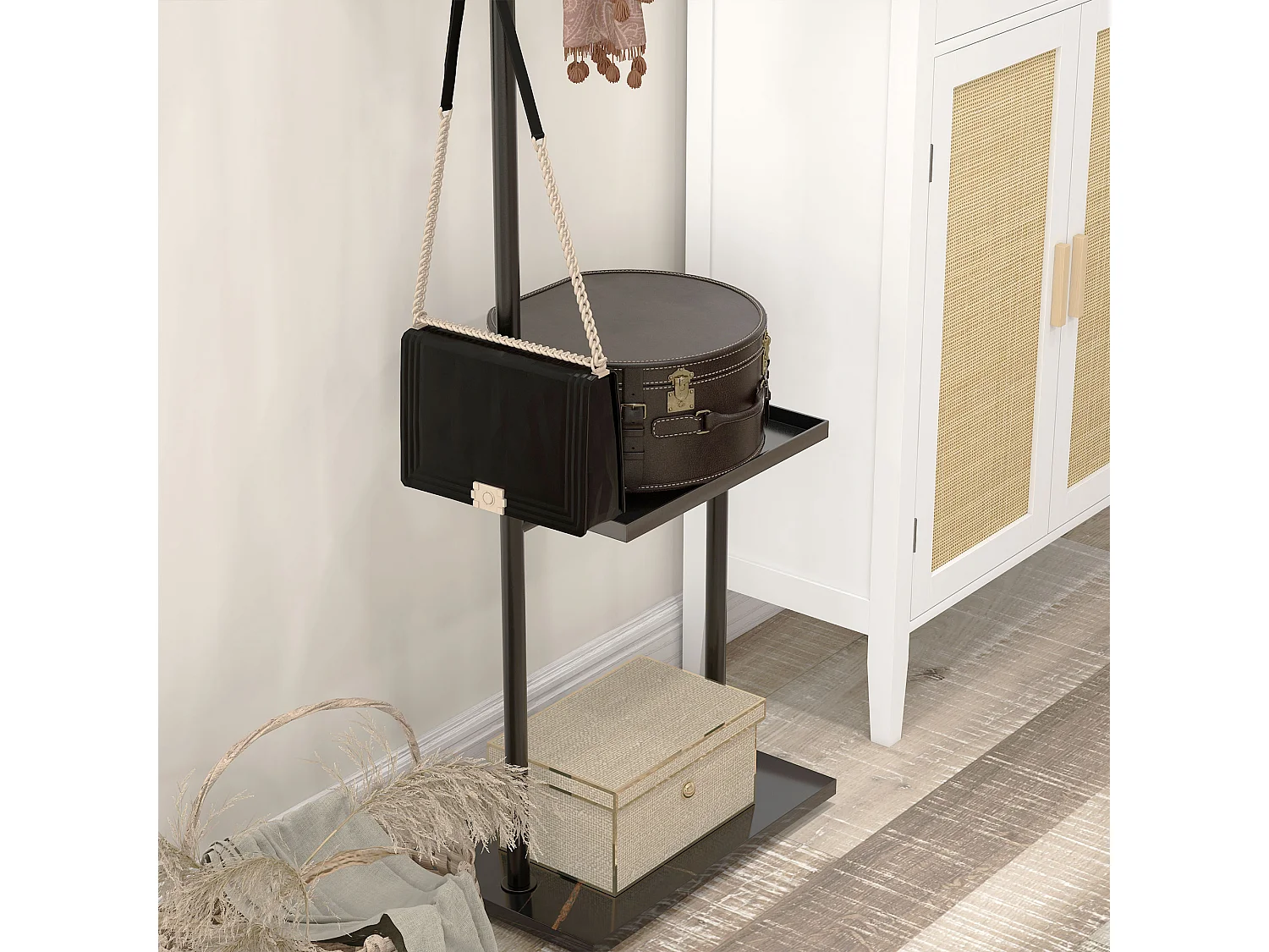 Appendiabiti da terra con 3 ganci barra e ripiano inferiore nero