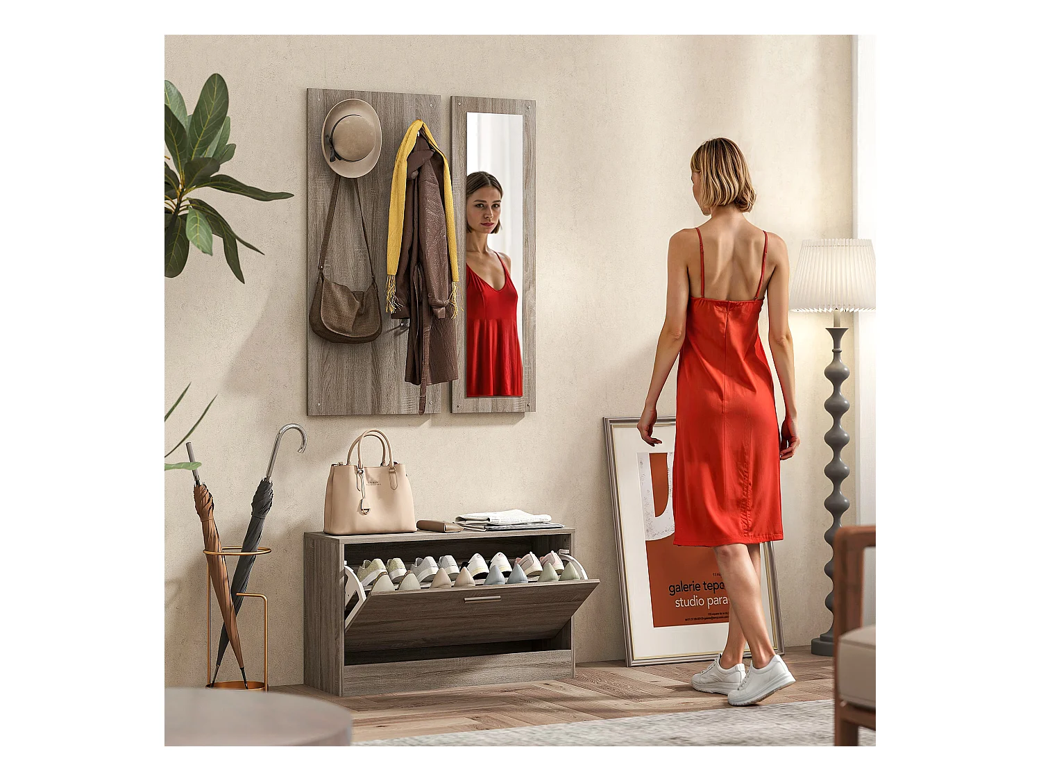 Set da ingresso 3pz con scarpiera appendiabiti e specchio bianco legno