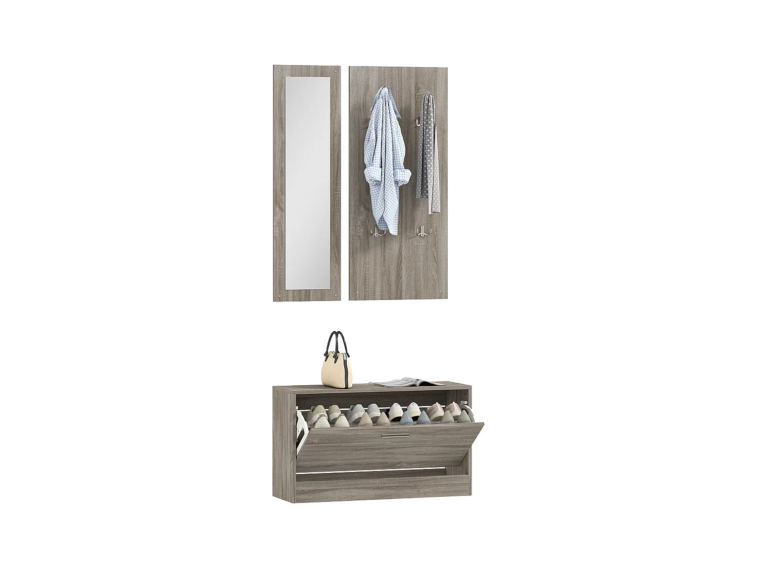 Set da ingresso 3pz con scarpiera appendiabiti e specchio bianco legno