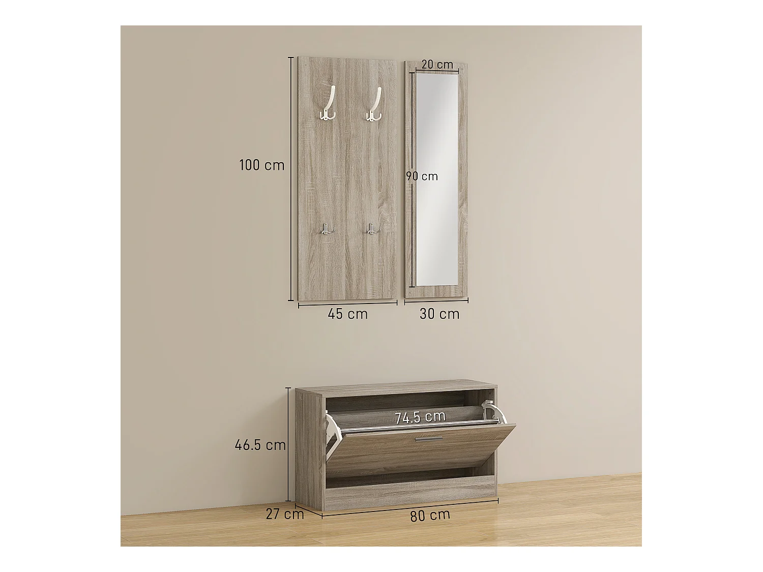 Set da ingresso 3pz con scarpiera appendiabiti e specchio bianco legno