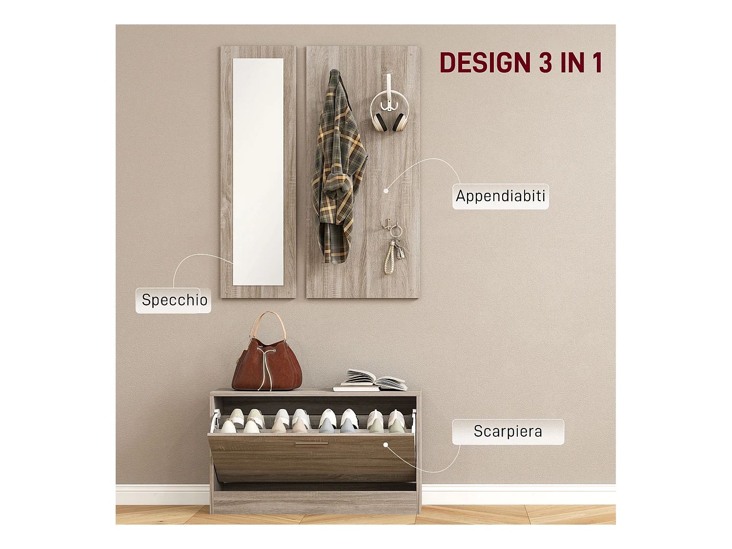 Set da ingresso 3pz con scarpiera appendiabiti e specchio bianco legno