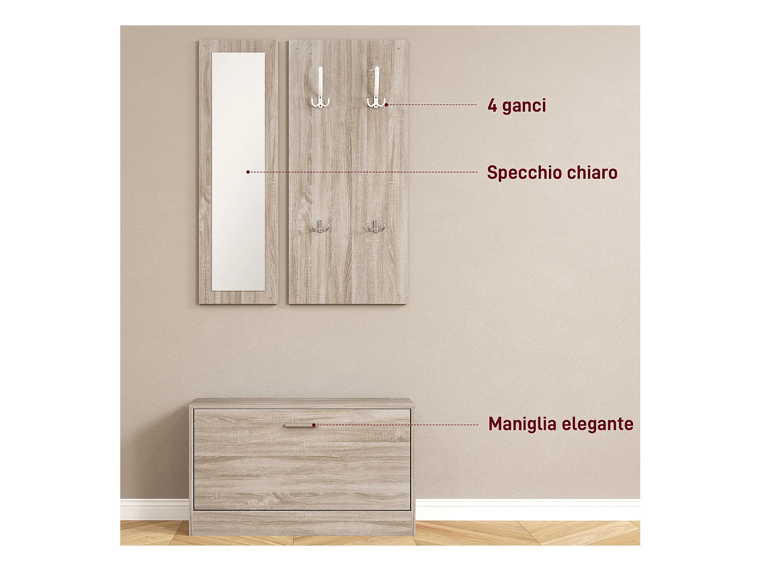 Set da ingresso 3pz con scarpiera appendiabiti e specchio bianco legno