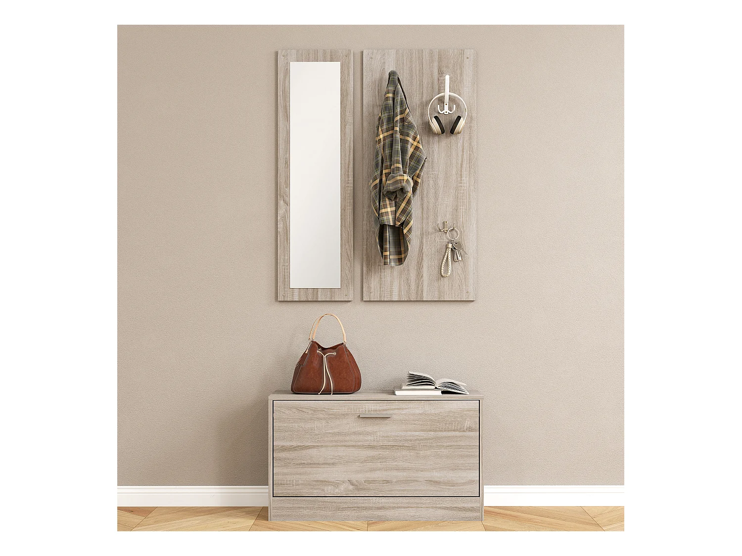 Set da ingresso 3pz con scarpiera appendiabiti e specchio bianco legno