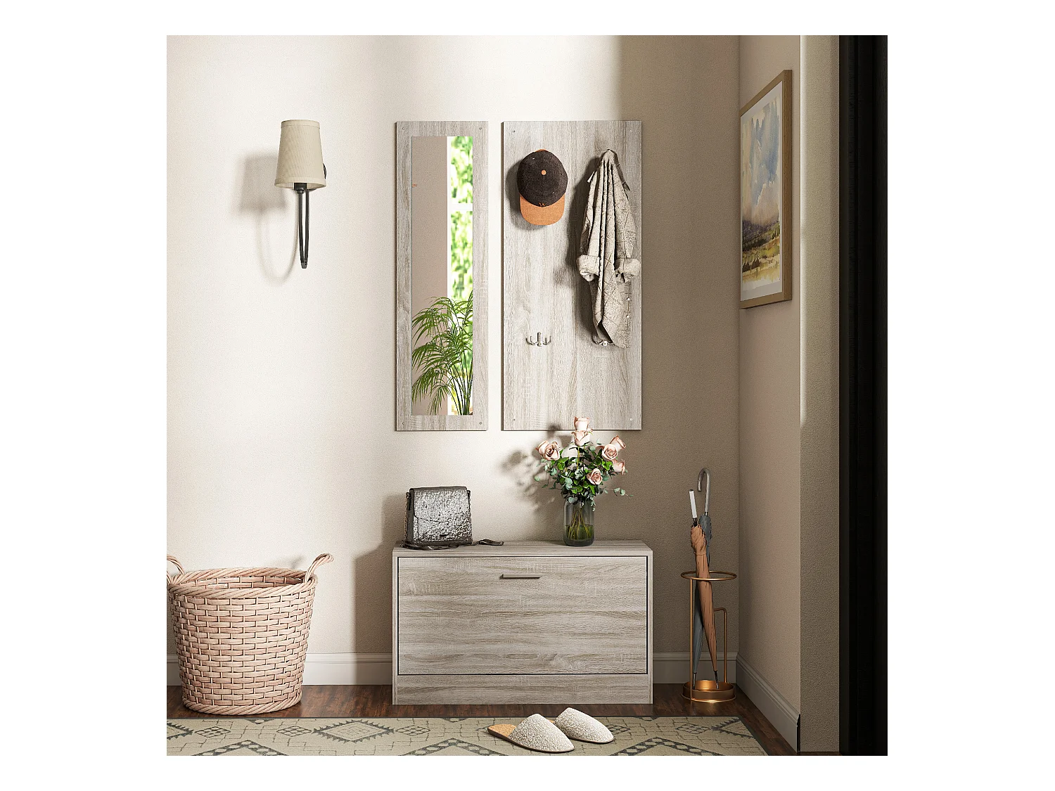 Set da ingresso 3pz con scarpiera appendiabiti e specchio bianco legno