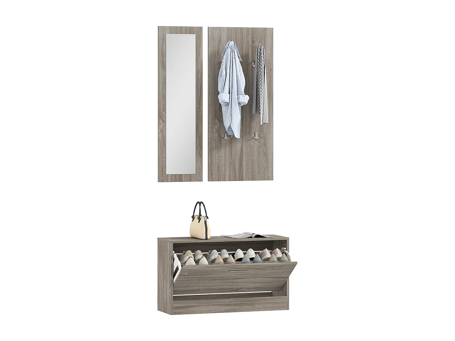 Set da ingresso 3pz con scarpiera appendiabiti e specchio bianco legno