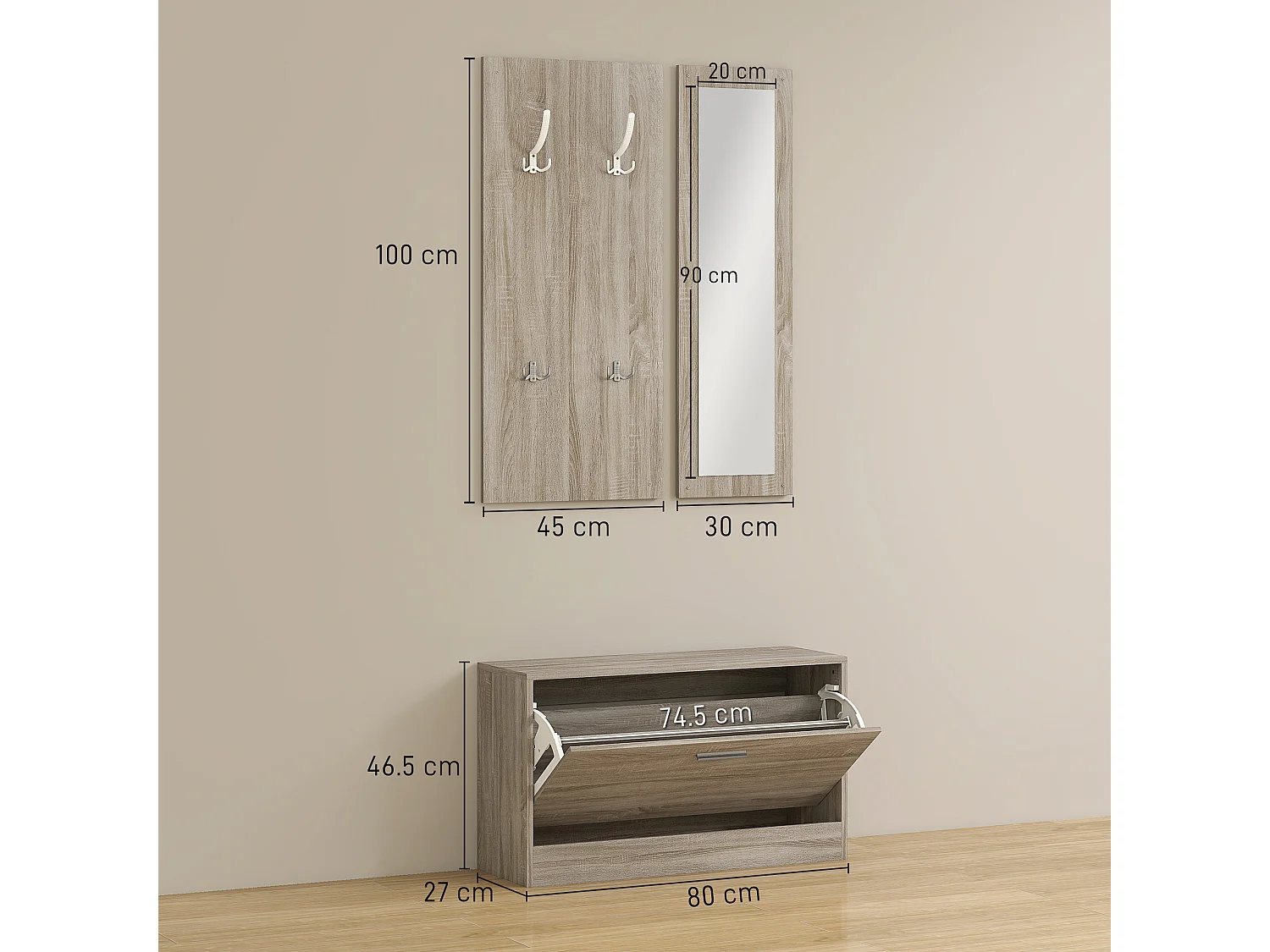 Set da ingresso 3pz con scarpiera appendiabiti e specchio bianco legno