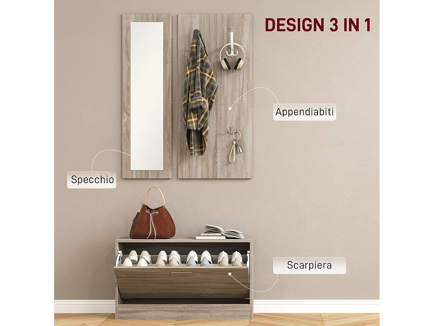 Set da ingresso 3pz con scarpiera appendiabiti e specchio bianco legno