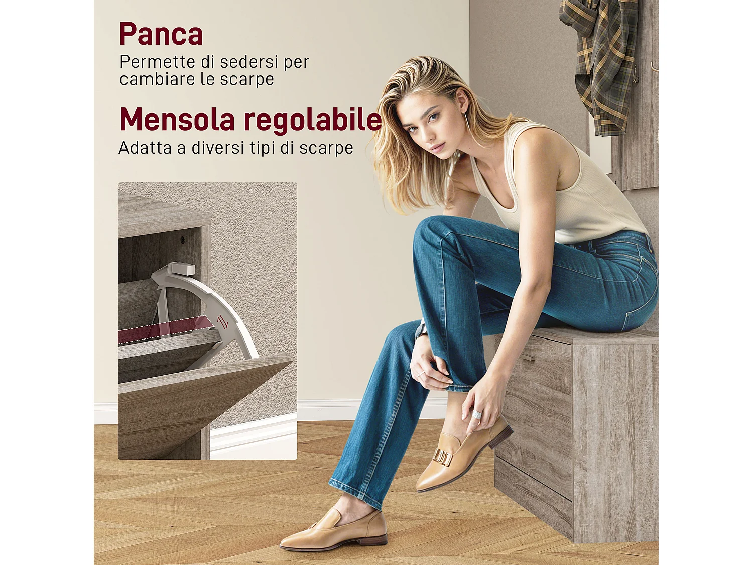 Set da ingresso 3pz con scarpiera appendiabiti e specchio bianco legno