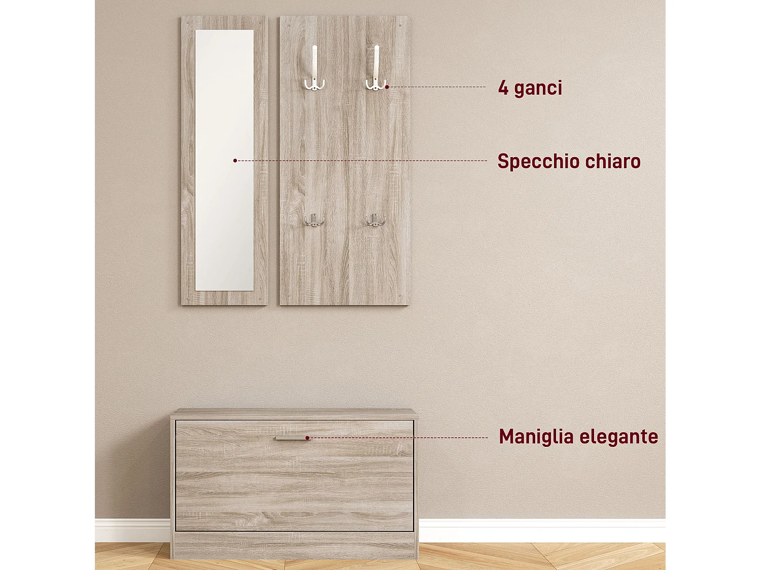 Set da ingresso 3pz con scarpiera appendiabiti e specchio bianco legno