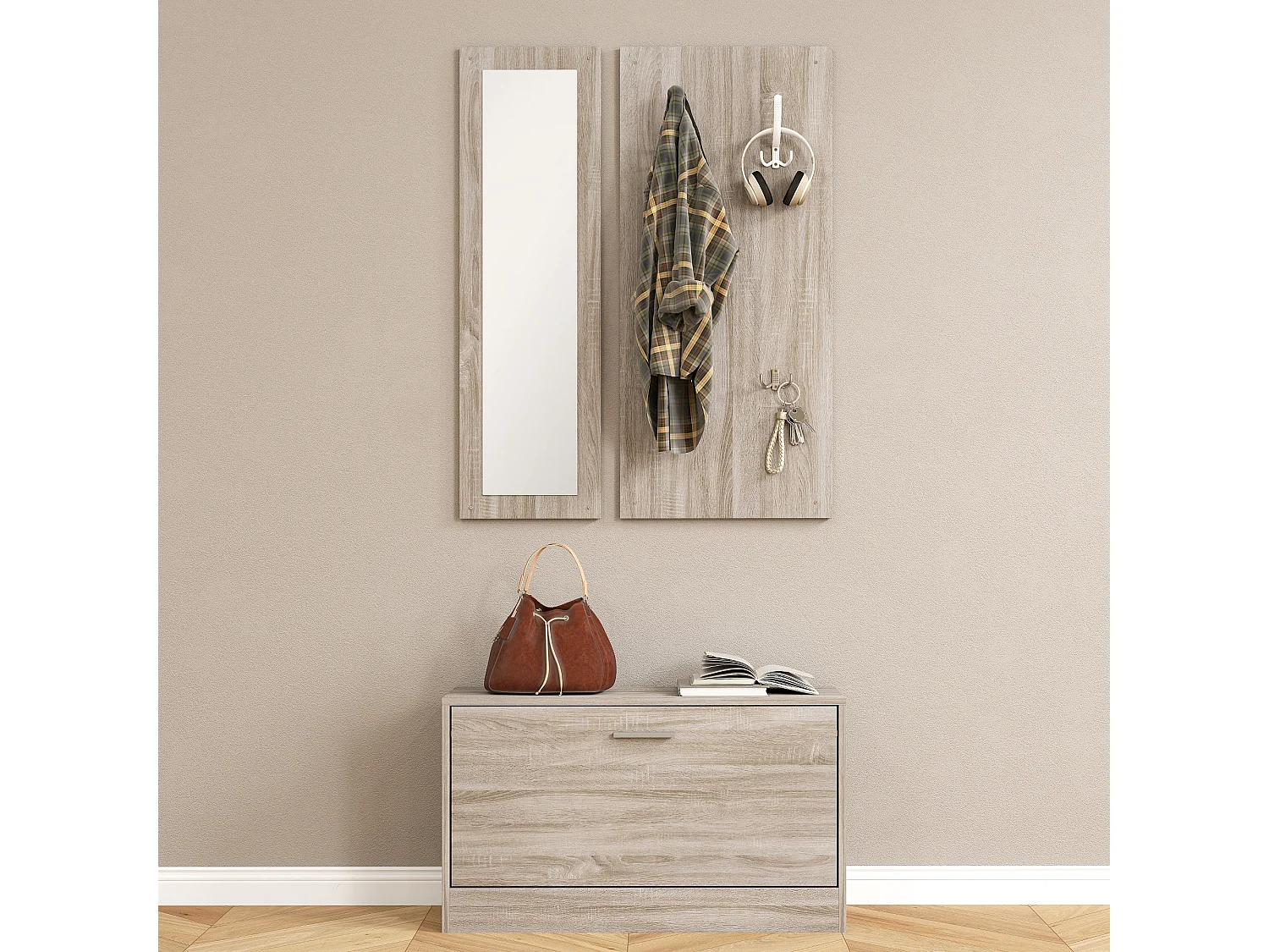 Set da ingresso 3pz con scarpiera appendiabiti e specchio bianco legno