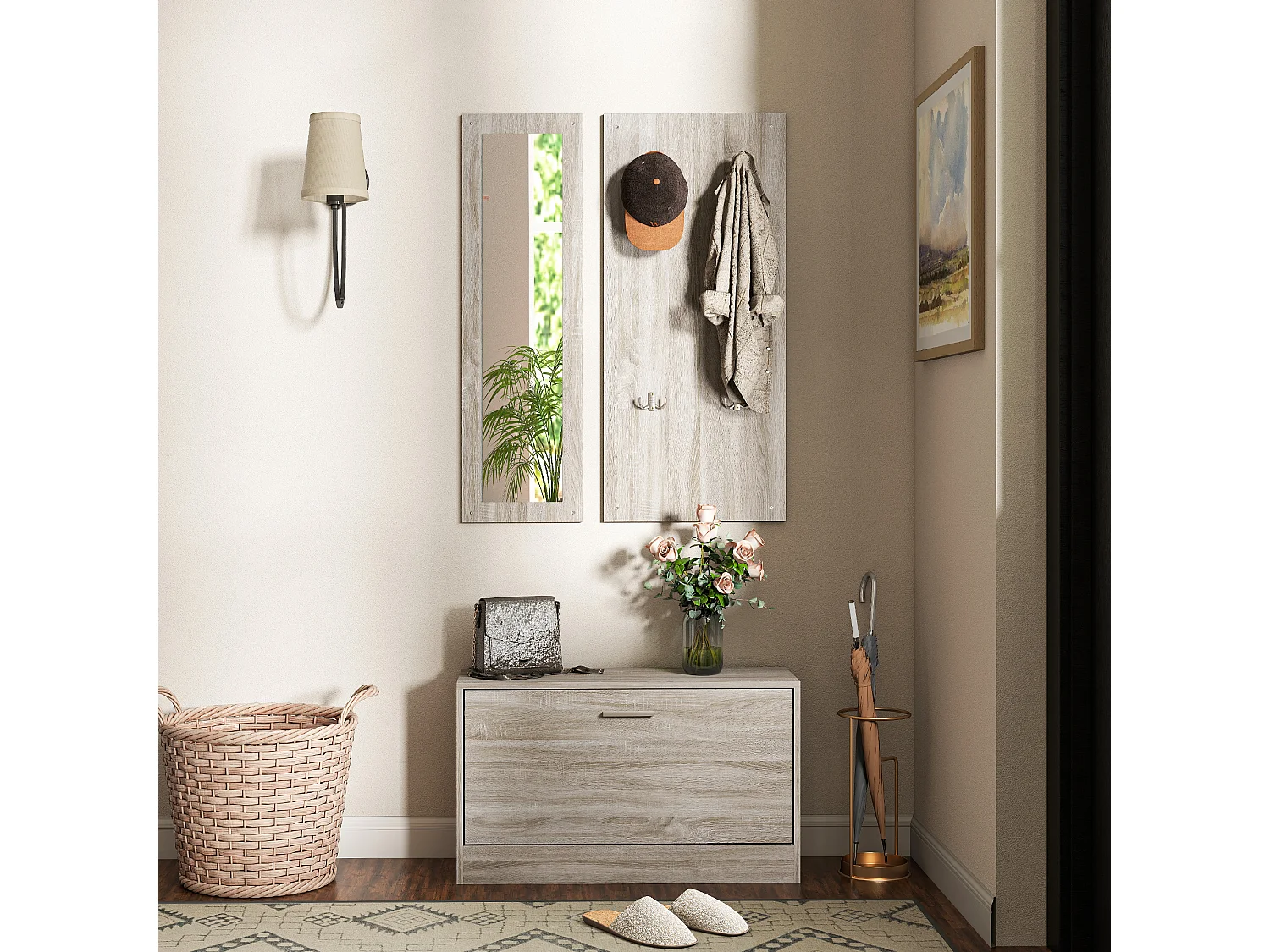 Set da ingresso 3pz con scarpiera appendiabiti e specchio bianco legno