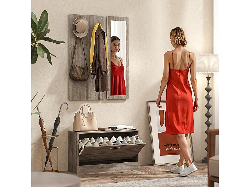 Set da ingresso 3pz con scarpiera appendiabiti e specchio bianco legno