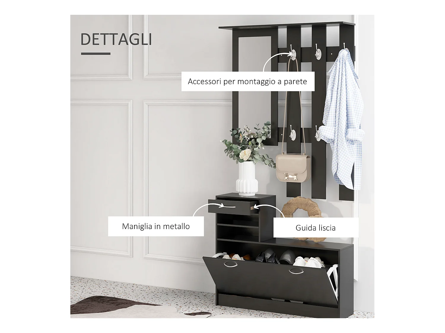 Mobile da ingresso appendiabiti con scarpiera mensole e specchio nero