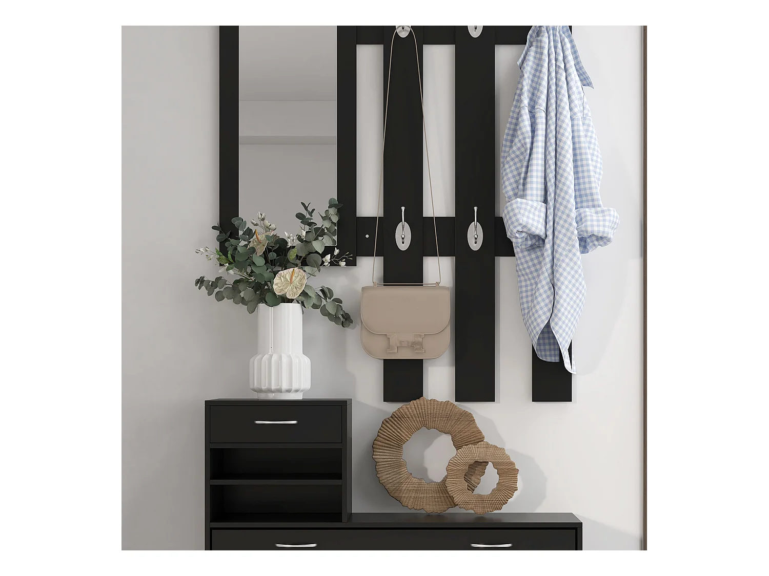 Mobile da ingresso appendiabiti con scarpiera mensole e specchio nero