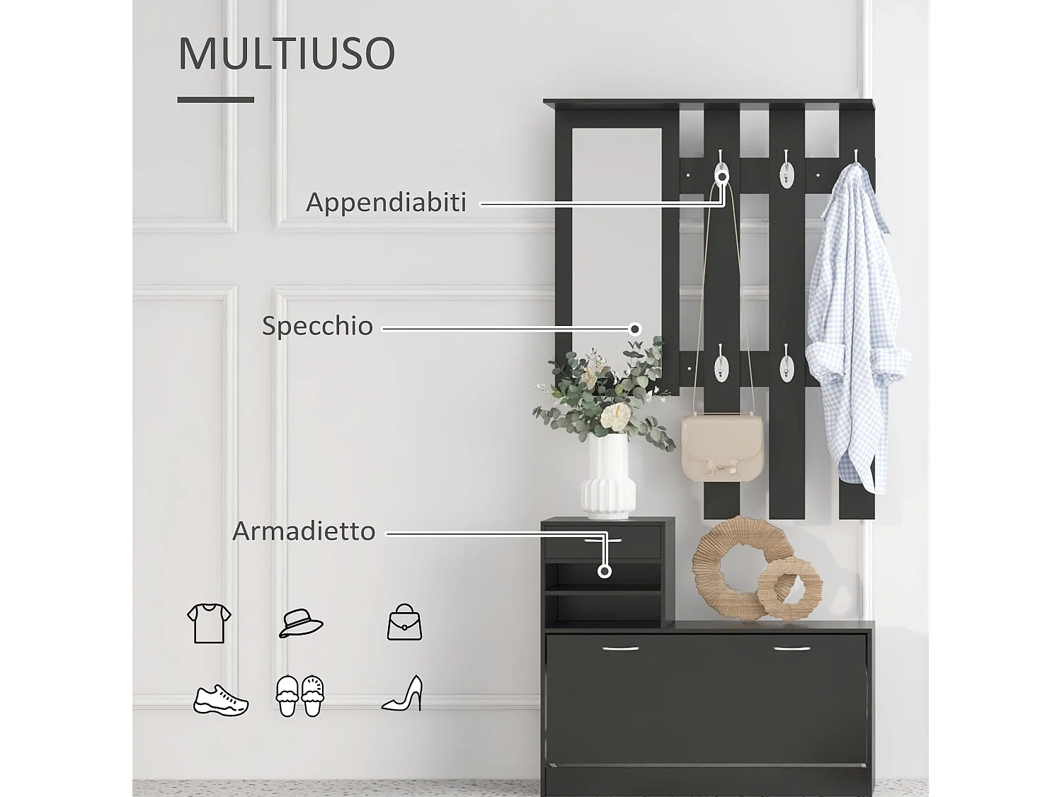 Mobile da ingresso appendiabiti con scarpiera mensole e specchio nero
