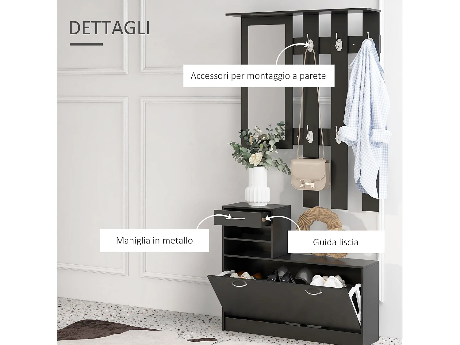 Mobile da ingresso appendiabiti con scarpiera mensole e specchio nero