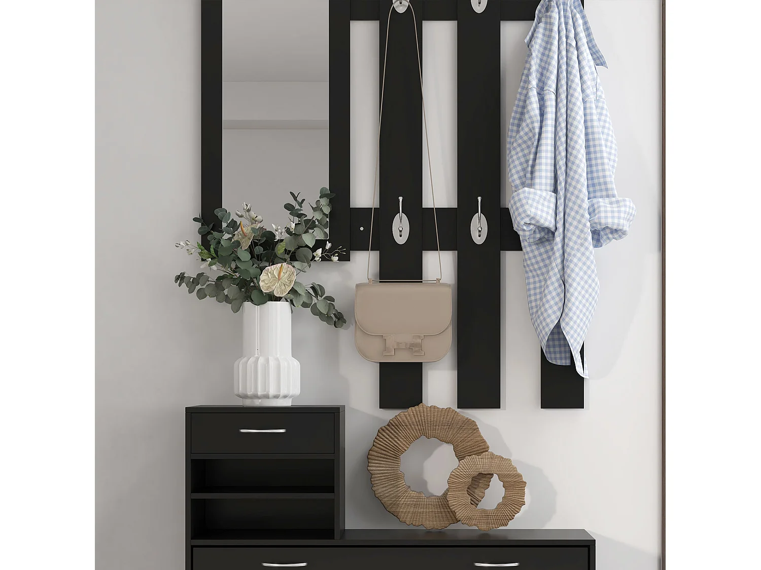 Mobile da ingresso appendiabiti con scarpiera mensole e specchio nero