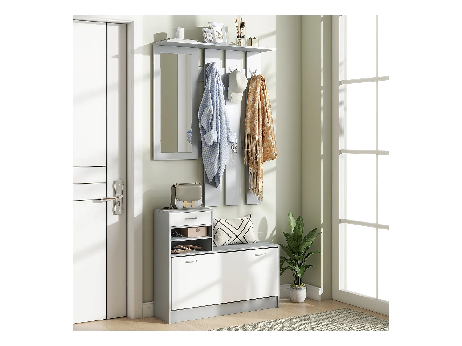 Mobile appendiabiti con scarpiera e specchio in legno bianco e grigio